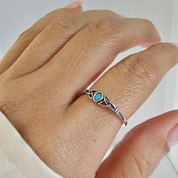 Women's 925 Sterling Silver Turquoise Celtic Ring Tiny Dainty Celtic Stone Ring - Picture 3 of 10